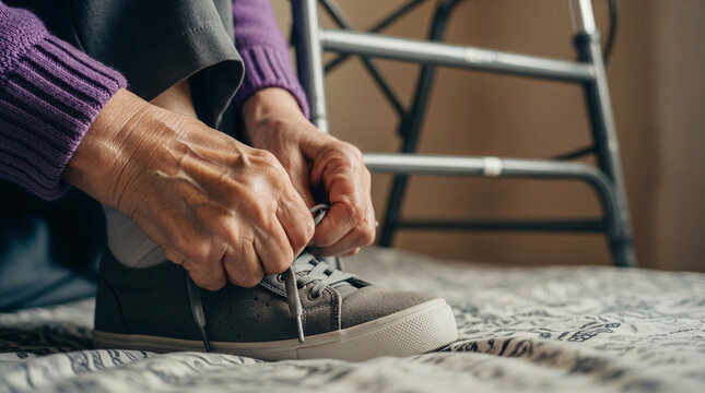 Close up of elderly hands tying shoelaces on a grey sneaker, woman in purple sweater, walker in background, focus on dexterity and daily routine for seniors.