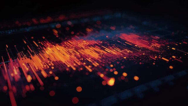 Abstract orange bokeh data visualization digital chart waveform dark tech dashboard evoking motion