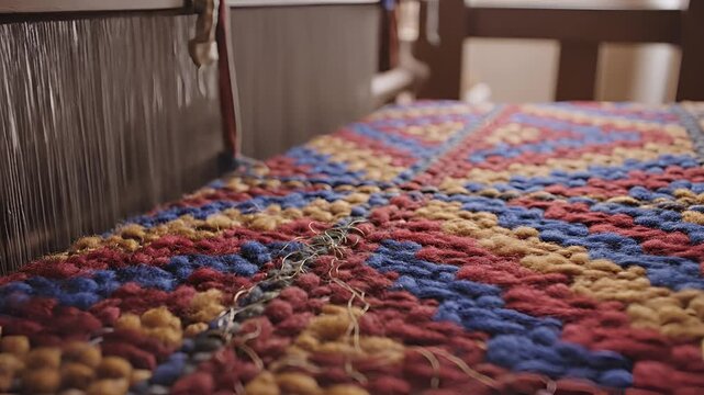Closeup of a colorful woven rug being created on a traditional loom.