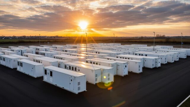 rows of housing container units in an industrial area at sunset