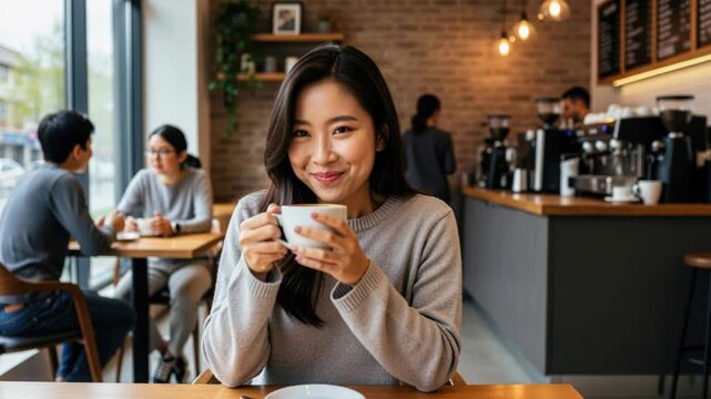 Cafe Serenity: A smiling woman enjoys a warm cup of coffee in a cozy cafe, surrounded by the gentle hum of conversation and the aroma of freshly brewed beans.