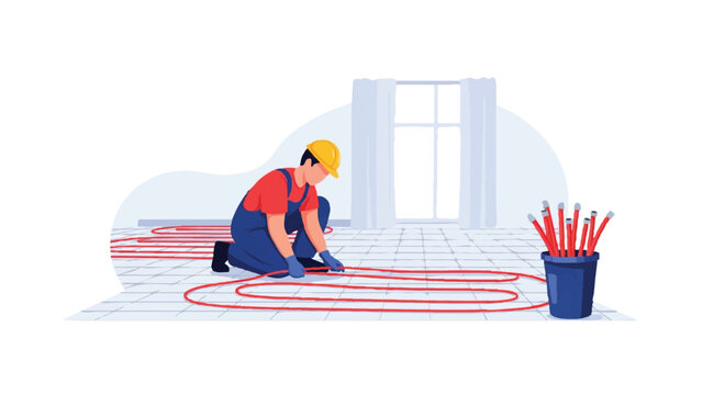 Professional Worker Installing Underfloor Heating Pipes. Radiant Floor Heating System Installation Vector Illustration.