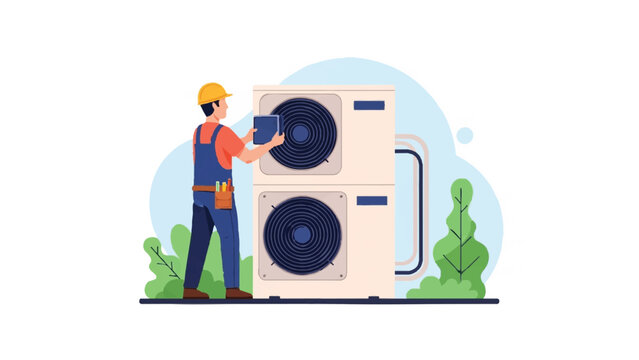 HVAC Technician Repairing External Air Conditioning Unit and Heat Pump System. Professional Maintenance and Installation Service Concept. Flat Vector Illustration.