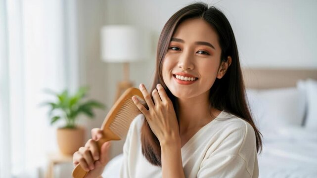 Morning Beauty Routine: A young Asian woman with long, dark hair smiles warmly as she combs her hair in a well-lit bedroom, embodying self-care and natural beauty.