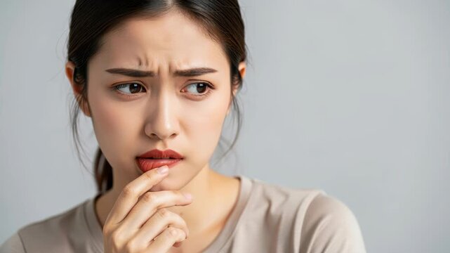 Conflicted Thoughts: A young woman's face shows deep contemplation, her finger touching her lip as she looks away, lost in a moment of indecision or worry.
