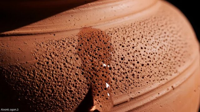 Closeup of textured terracotta pottery with intricate porous surface detail.