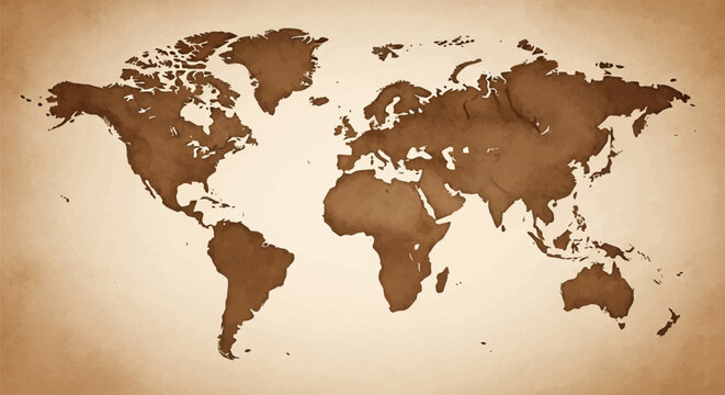 Antique style world map illustration featuring brown silhouettes of global continents on a textured tan parchment background with a rustic weathered aesthetic and aged paper look.