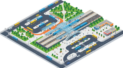 Fototapeta premium Isometric 3D Urban Transportation Hub with Train Station, Bus Terminal, Taxi Stand, and Public Park - Modern Smart City Infrastructure Design