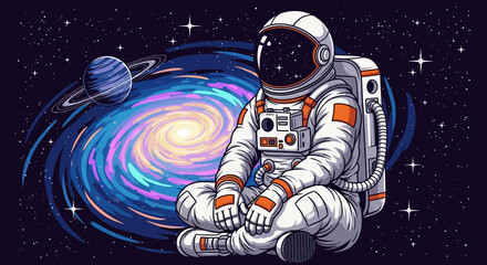 Astronaut meditating in space with galaxy and planet © Untung