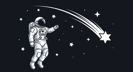 Astronaut reaching for a shooting star in outer space, black and white illustration © Untung
