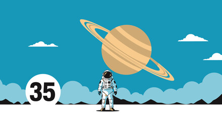 Astronaut standing under Saturn with rings and clouds in blue sky © Untung