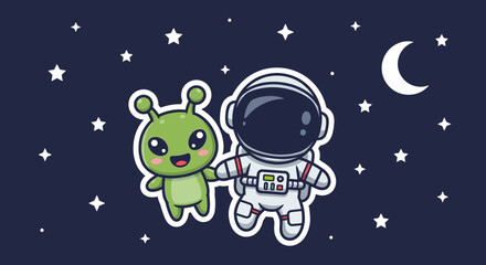 Fototapeta premium Cute Astronaut and Alien Friends Floating in Space with Stars and Moon