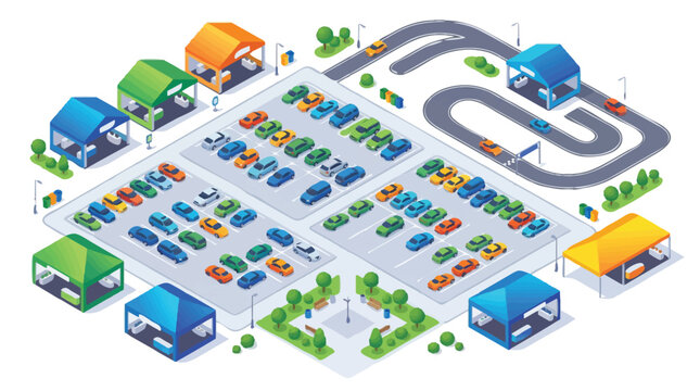 Isometric Parking Lot and Car Exhibition with Tents and Driving Track