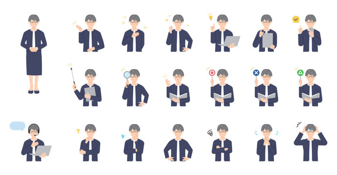 ビジネスウーマンの色々な表情のイラスト素材セット