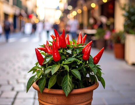 Close-up of a terracotta pot with vibrant red chili peppers. In the background, a blurred street scene with pedestrians and shops