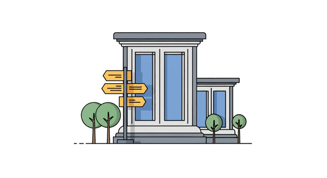 Classical architectural building with ionic columns and large windows, accompanied by a yellow directional signpost and small green trees, vector line art on white background.