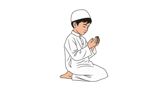 Illustration of a young Muslim boy wearing a traditional white kufi cap and thobe, kneeling in prayer with open palms in supplication or dua, isolated on a white background.