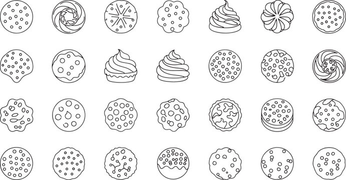 Collection of 30 different donut in black and white line style donuts dessert sweet food