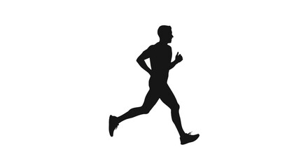 Fototapeta premium Silhouette of a man running in profile wearing athletic apparel and sneakers. Full body side view of a male athlete jogging isolated on a white background for exercise concepts.