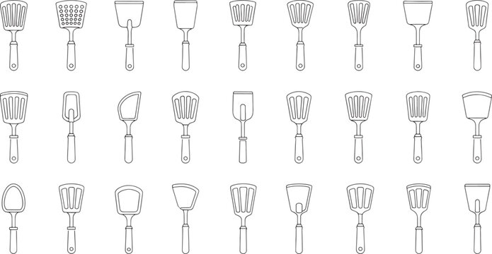 Sketched of Various Kitchen Utensils in Black and White Line Style sketched kitchen utensils cooking tools