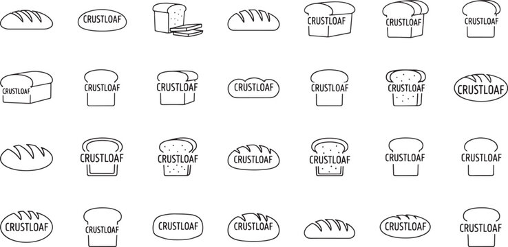 Various types of bread loaves in simple line style with crust loaf labels line simple white