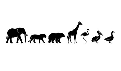 Black Animal Silhouette Collection with Elephant Tiger Bear Giraffe Flamingo and Pelican © MdRabbi