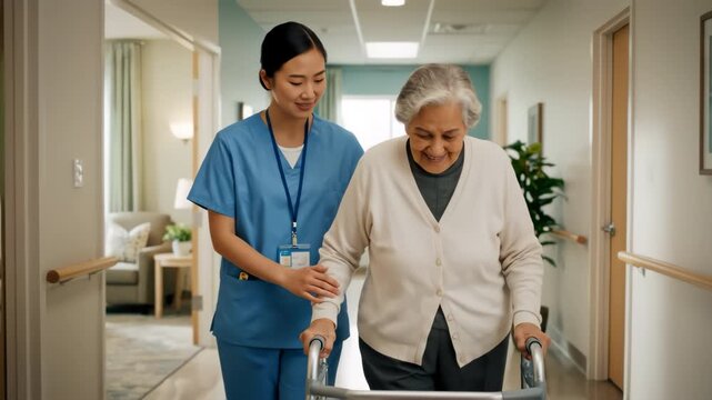 An elderly woman uses a walker with assistance from a young nurse.