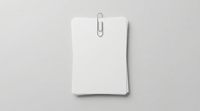 Top view of blank white A4 paper sheets stack attached with a silver paperclip on light grey background. Document mockup template