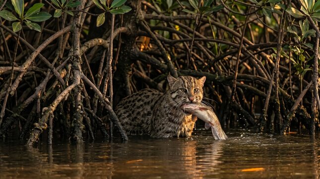 A rare fishing cat carrying its prey in the mangrove forest environment.