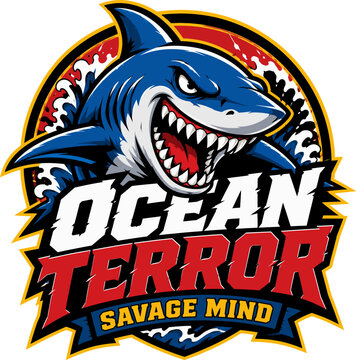 Aggressive cartoon shark logo with text Ocean Terror Savage Mind vector illustration