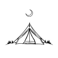 Tent set with continuous line art illustration of a tent under a crescent moon featuring tent, moon, campsite with black line and white background © MDRASHIDUL