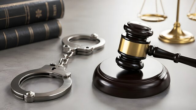 Criminal law concept with handcuffs, judge gavel, golden scales of justice and law books on a desk, representing legal system, crime and jurisprudence