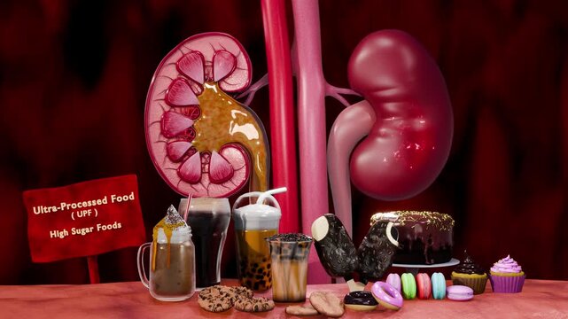 Chronic kidney disease associated with unhealthy dietary habits illustrating renal inflammation, impaired filtration, and metabolic overload from processed food consumption. 3D Rendering
