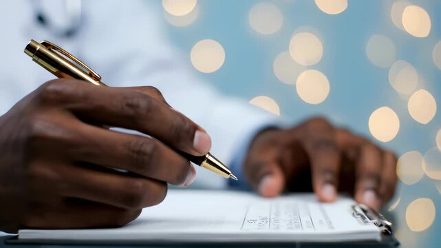 Dark-skinned hands write on a form with a gold pen on a clipboard