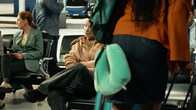 Heated confrontation between two women at busy intercity bus stop with travelers waiting nearby. Dramatic public transportation scene showing aggressive behavior and long-haul journey frustration.