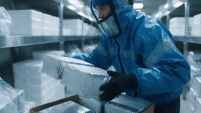 Medium shot focusing on refrigerated prescription packages being carefully packed by a worker in a temperaturecontrolled room.
