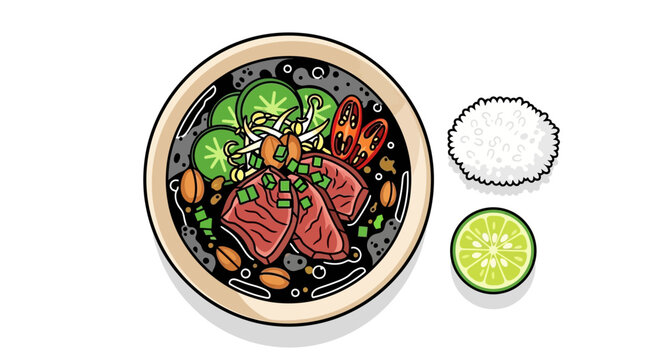 Raw Beef Pho Noodle Soup Illustration