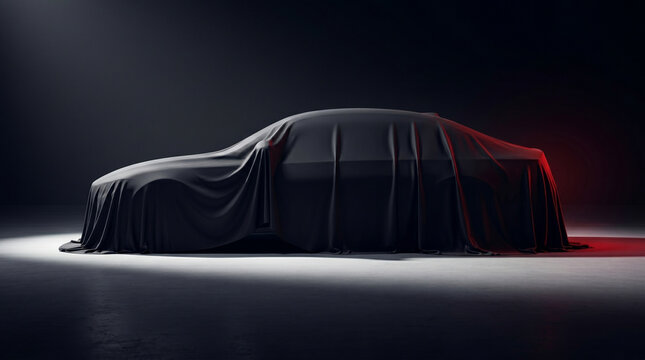 New car model reveal concept featuring luxury sedan hidden under smooth black fabric cover illuminated by soft spotlight inside empty dark industrial garage space for automotive launch event.