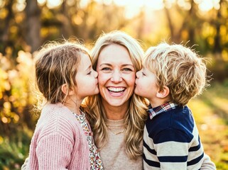 Fototapeta premium Joyful family moment: mother and children in sunlit park with warm smiles and happiness