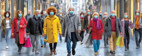 Obraz premium Pandemic preparedness science face mask city street shopping pedestrian urban
