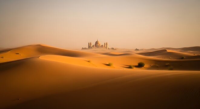 Majestic Desert Landscape with a Stunning Domed Palace in the Distance Offering a Sense of Awe and Wonder