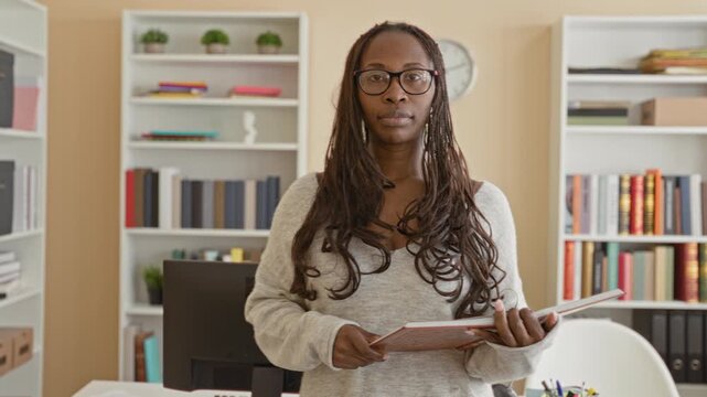 Woman holding book and wearing glasses, finger to lips for silence in a study with bookshelves and desk clock; concentration silence.