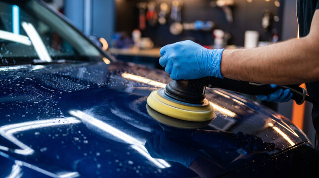 Professional detailer in blue gloves polishing dark blue car hood with a rotary polisher, enhancing shine in well-lit auto shop.
