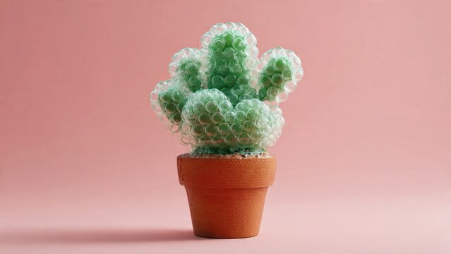 Bubble wrap cactus in clay pot against pastel pink background