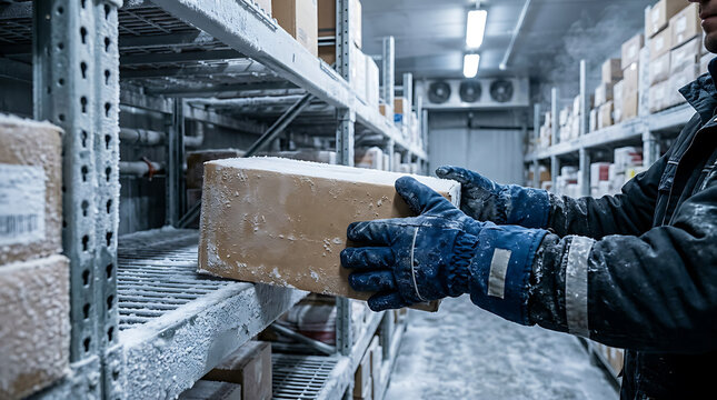 Person handling box in cold storage