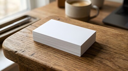 Fototapeta premium Neatly stacked blank cards placed on a wooden surface with soft lighting. suitable for branding presentations, stationery mockups, identity design, and professional print projects.