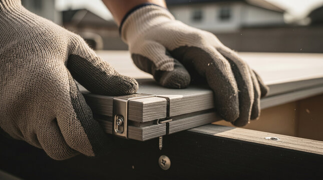 Gloved hands installing composite deck boards with metal hidden fasteners during outdoor residential home construction project under bright sunny conditions focusing on carpentry hardware detail.