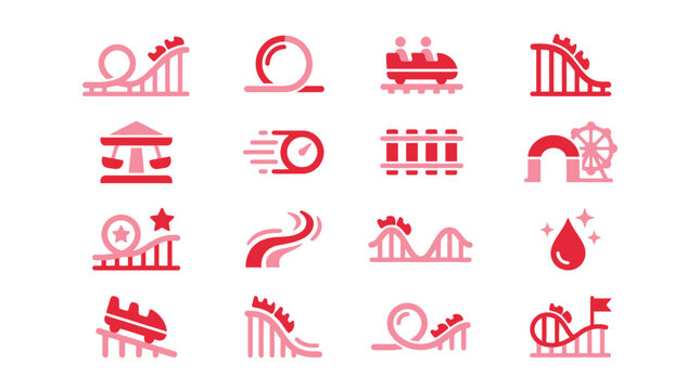 Collection of flat design icons representing roller coasters and amusement park rides, perfect for illustrating themes of fun and excitement.