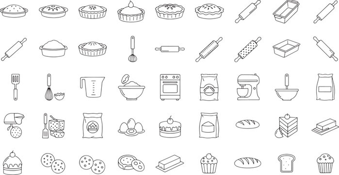 Black and white line of baking tools and ingredients with pastries and bread line baking tools rolling pin