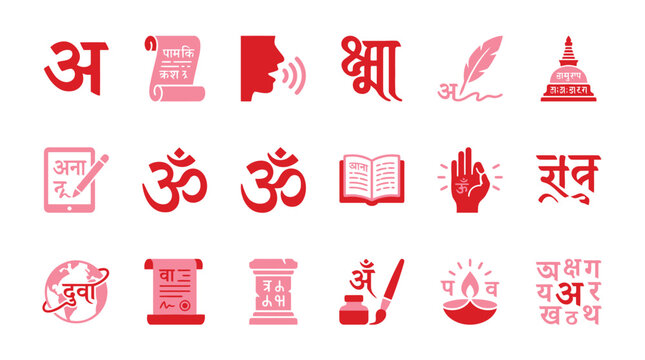 Collection of Hindi language and script icons, including letters, symbols, and cultural elements.